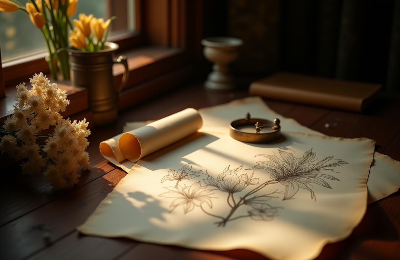 Ancient botanical scrolls and dried flowers