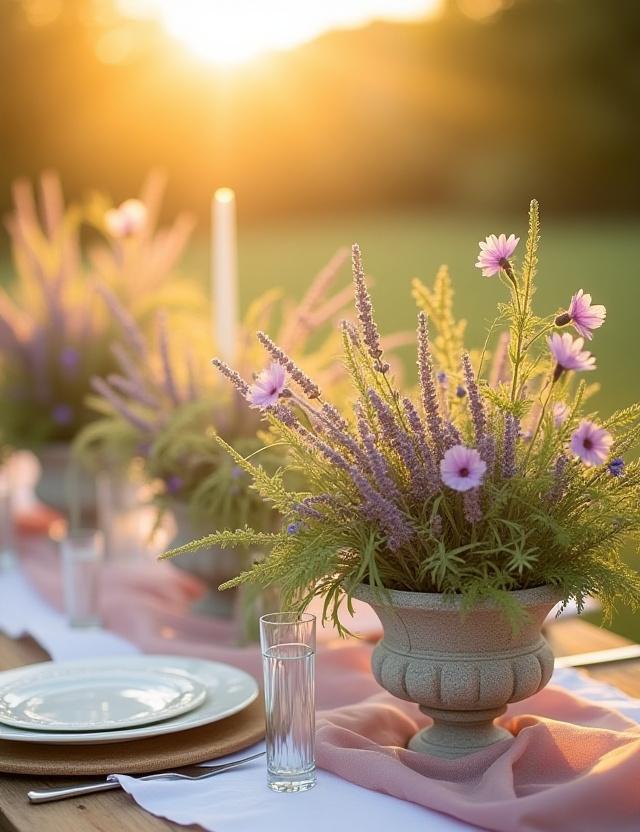 Lush overgrown wildflower table setting